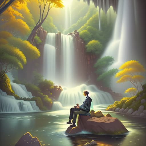 in OliDisco style A man sits on a rock in front of a waterfall.