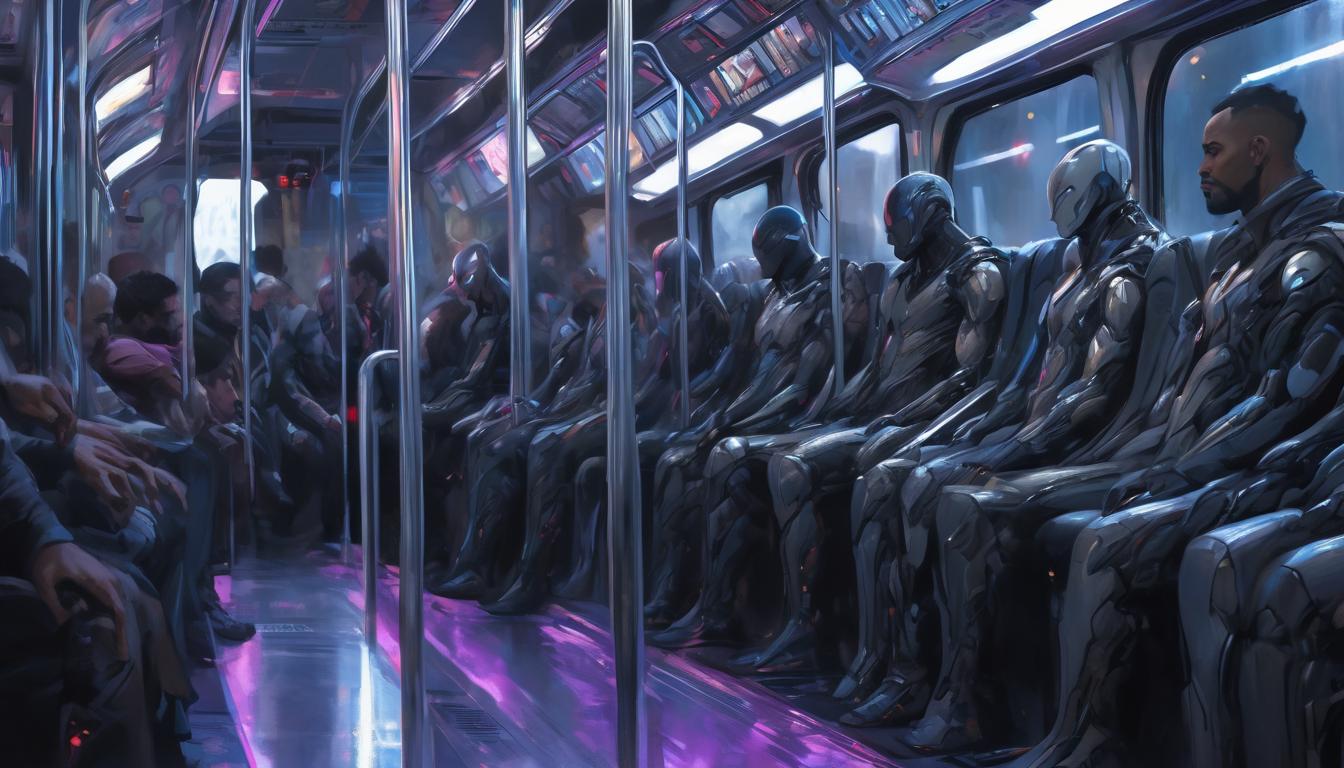  hyperrealism,fantasy aestheticA figure sitting in a noisy, crowded bus, blurred faces and movement of people around, figure's expression is calm and focused, detailed textures of the seat and interior, sense of detachment and keen senses, high tech clothing clad in sleek, futuristic costume with metallic accents and form fitting designs, marvel superhero comics style, unreal engine rendering