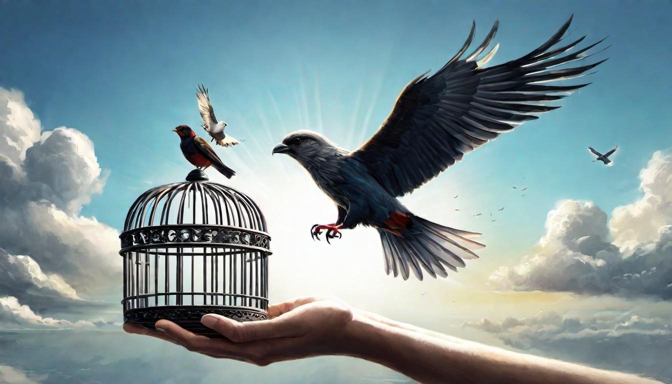  digital illustration, A pair of hands releasing a bird from a cage, bird soaring into the sky, casting off old constraints, liberation, freedom, airy, light filled, looking at viewer, dynamic pose, (intricate details, masterpiece, best quality)