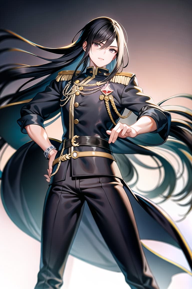  master piece , best quality,Young man with long black hair in combat uniform