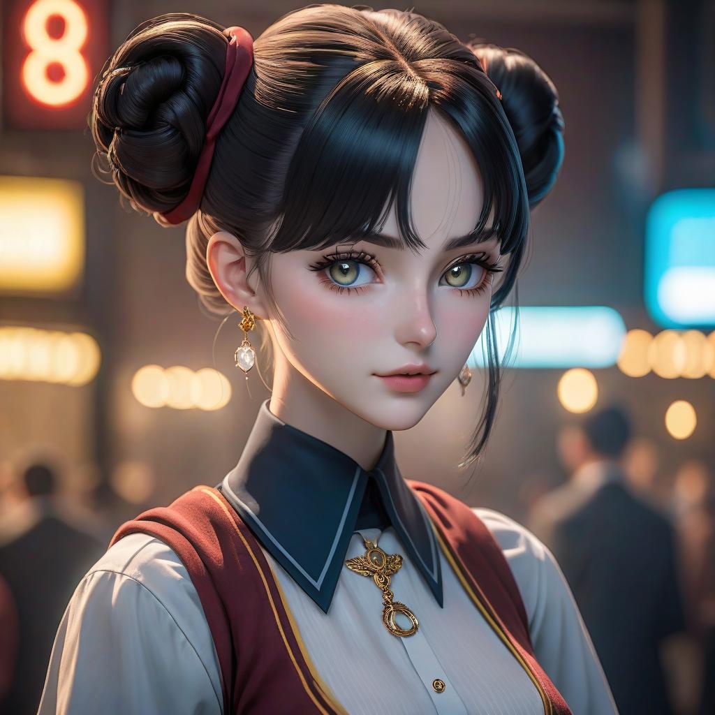  Nova is likely Marin's contemporary. She has a slender body, pale skin, and large eyes with a gray iris. Her hair is black, but some strands have a reddish tint. She pulls her hair back into two low buns on each side. Nova often wears a school uniform with various jewelry: rings, earrings, necklaces, etc. hyperrealistic, full body, detailed clothing, highly detailed, cinematic lighting, stunningly beautiful, intricate, sharp focus, f/1. 8, 85mm, (centered image composition), (professionally color graded), ((bright soft diffused light)), volumetric fog, trending on instagram, trending on tumblr, HDR 4K, 8K