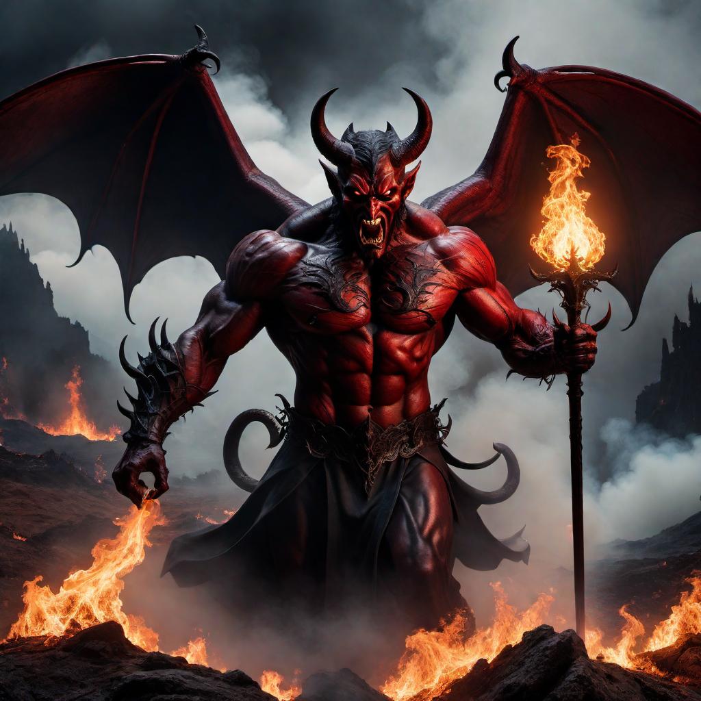  A depiction of the devil, portrayed in a dark and menacing manner. The devil appears as a fearsome entity with a sinister aura, surrounded by an environment of chaos and darkness. The setting is a hellish landscape with fiery elements, suffocating smoke, and an overall atmosphere of dread and evil. hyperrealistic, full body, detailed clothing, highly detailed, cinematic lighting, stunningly beautiful, intricate, sharp focus, f/1. 8, 85mm, (centered image composition), (professionally color graded), ((bright soft diffused light)), volumetric fog, trending on instagram, trending on tumblr, HDR 4K, 8K