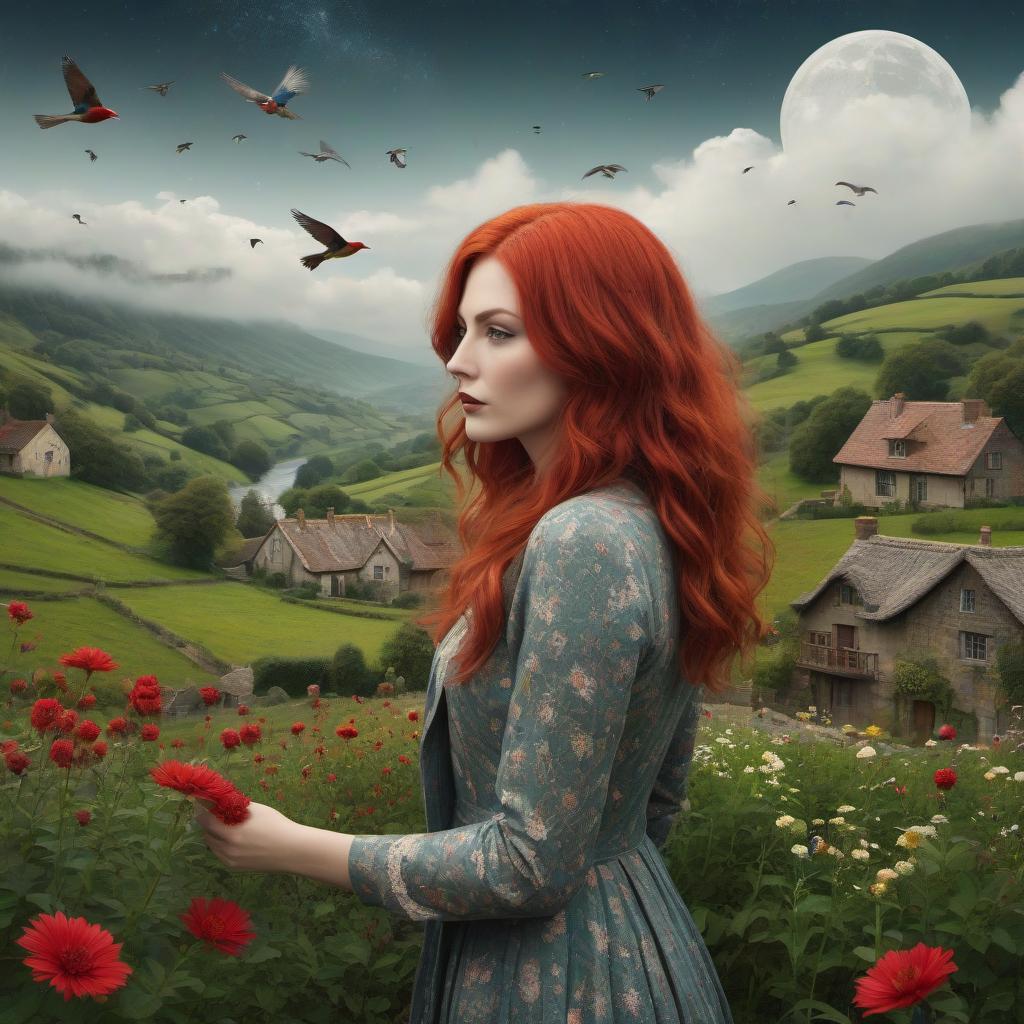  grunge style "Girl standing standing in front of rolling hills of fields and hedges, and a quaint village nestled in the valley. She has red hair and is wearing her patchwork best, and is totally in harmony with her environment. woman holding the cosmos in her hands, calm, her hair fluttering full of birds, in the background is the universe full of birds, flowers and boats in Surreal artisanal hallucinations made entirely of Sun and Moon, highly detailed, fairytale, Dee Nickerson, elegant, sharp focus, 8 k, octane render" . textured, distressed, vintage, edgy, punk rock vibe, dirty, noisy hyperrealistic, full body, detailed clothing, highly detailed, cinematic lighting, stunningly beautiful, intricate, sharp focus, f/1. 8, 85mm, (centered image composition), (professionally color graded), ((bright soft diffused light)), volumetric fog, trending on instagram, trending on tumblr, HDR 4K, 8K