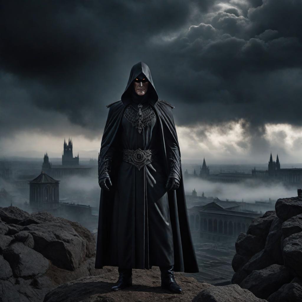  A depiction of the most evil person in the world. Imagine a malevolent figure with a sinister expression, dressed in dark, menacing attire. The background is ominous, with dark clouds and a chilling atmosphere, evoking a sense of fear and dread. The figure embodies pure evil, with perhaps cruel eyes and a malevolent aura surrounding them. hyperrealistic, full body, detailed clothing, highly detailed, cinematic lighting, stunningly beautiful, intricate, sharp focus, f/1. 8, 85mm, (centered image composition), (professionally color graded), ((bright soft diffused light)), volumetric fog, trending on instagram, trending on tumblr, HDR 4K, 8K