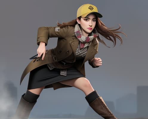  masterpiece, best quality, Best quality, female, genderswap, trench coat, scarf, brown hair, medium hair, baseball cap, pencil skirt, boots, night, city, fighting, Adrien Pearce, Watch Dogs.