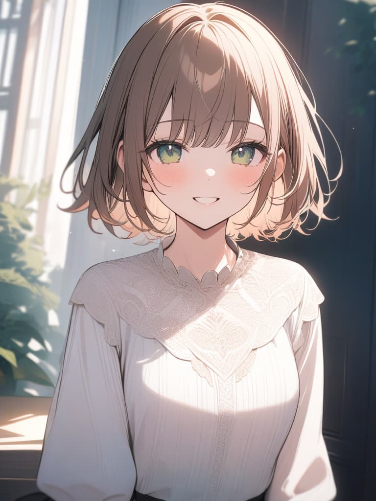  Masterpiece,one woman,(((hairstyle: pixie cut))) delicate brown hair color,delicate green eye color,smiling face,orange dress 👗,lace background with light blue pink pastel stripes,super delicate,super high quality,8K, masterpiece, best quality,8k,ultra detailed,high resolution,an extremely delicate and beautiful,hyper detail