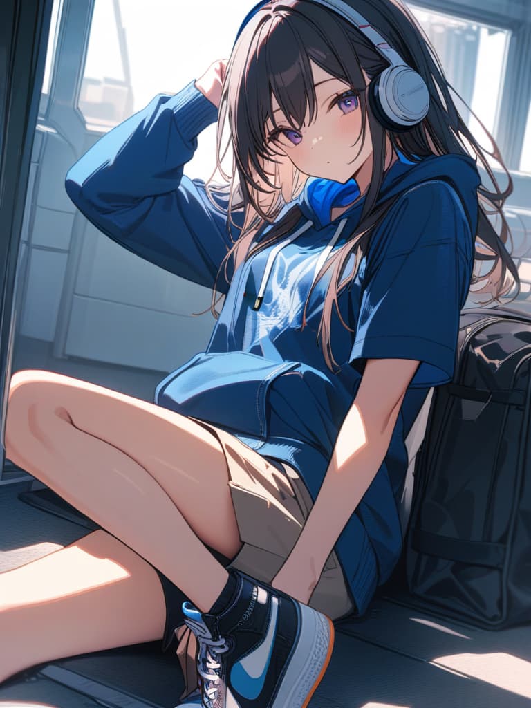  Women, hoodie, mask, headphones, sneakers, masterpiece, best quality,8k,ultra detailed,high resolution,an extremely delicate and beautiful,hyper detail