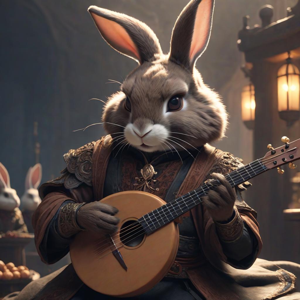  Brown black humanoid rabbit bard with lute from fantasy literature. hyperrealistic, full body, detailed clothing, highly detailed, cinematic lighting, stunningly beautiful, intricate, sharp focus, f/1. 8, 85mm, (centered image composition), (professionally color graded), ((bright soft diffused light)), volumetric fog, trending on instagram, trending on tumblr, HDR 4K, 8K