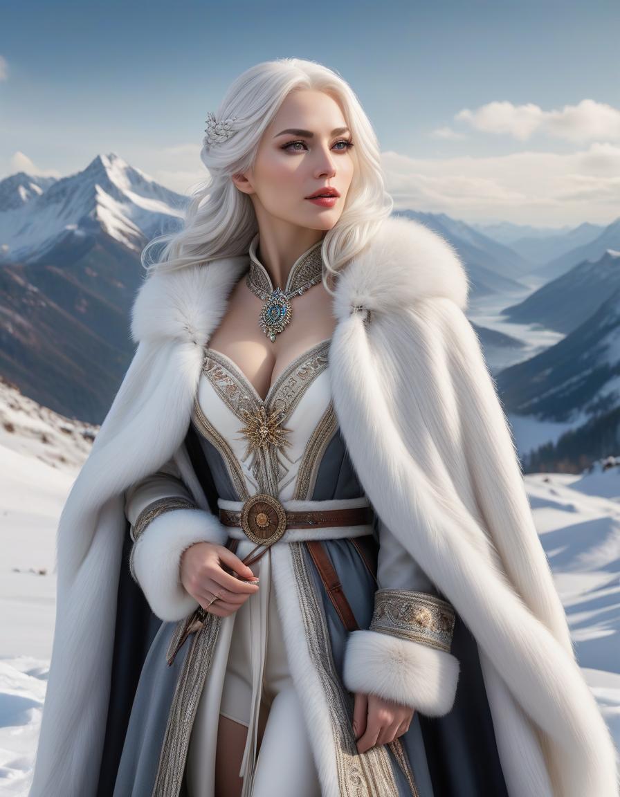  hyperrealistic art Woman, pale skin, white hair, fur cloak, clothing of a northern person, snow, mountains in the background, eating in the snow, fantasy, UHD, hyperrealism. . extremely high resolution details, photographic, realism pushed to extreme, fine texture, incredibly lifelike hyperrealistic, full body, detailed clothing, highly detailed, cinematic lighting, stunningly beautiful, intricate, sharp focus, f/1. 8, 85mm, (centered image composition), (professionally color graded), ((bright soft diffused light)), volumetric fog, trending on instagram, trending on tumblr, HDR 4K, 8K