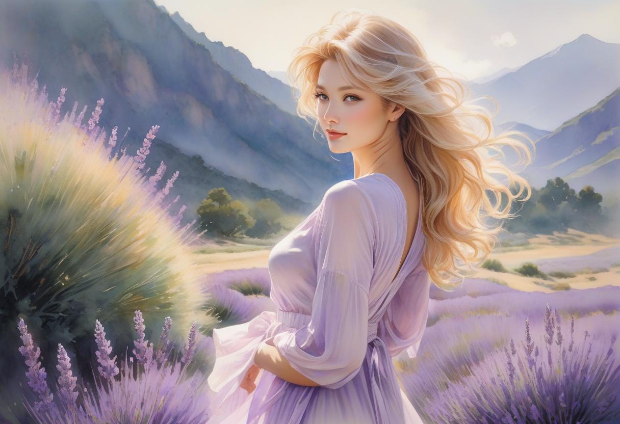  expressionist Watercolor masterpiece painting with lavender flowers in a mixed style by Abe Toshiyuki, Steve Hanks and Luis Roof a delightfully beautiful with luxurious golden hair, charming face, friendly gaze, slightly smiling, dressed in a translucent robe. The wind ly ruffles her hair and tries to open her robe. Mischievous curved pose, cheerful mood. In the background, a lavender field, a seashore and mountains in the distance are blurred. View from the bottom point. Intricate, elegant drawing with thin lines in colored ink and beige, pink, blue green and lavender watercolor, on , textured paper, super realism, ultra detail, modern fine art, 8K. . raw, emotional, dynamic, distortion for emotional effect, vi hyperrealistic, full body, detailed clothing, highly detailed, cinematic lighting, stunningly beautiful, intricate, sharp focus, f/1. 8, 85mm, (centered image composition), (professionally color graded), ((bright soft diffused light)), volumetric fog, trending on instagram, trending on tumblr, HDR 4K, 8K