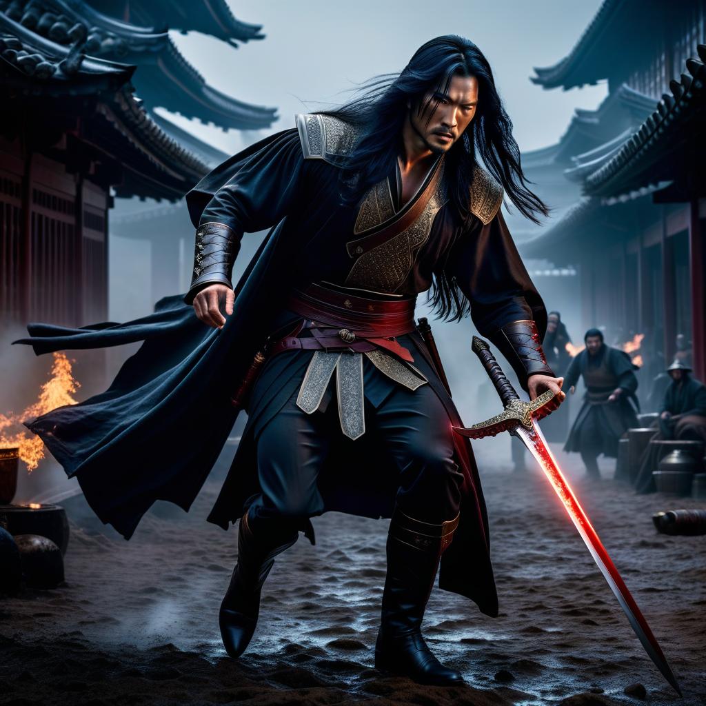  A battle takes place between two characters. The one who wins is a man returning from the other world. He has black eyes, long claws, his clothes are in drops of blood, and he has long black hair., hkmagic hyperrealistic, full body, detailed clothing, highly detailed, cinematic lighting, stunningly beautiful, intricate, sharp focus, f/1. 8, 85mm, (centered image composition), (professionally color graded), ((bright soft diffused light)), volumetric fog, trending on instagram, trending on tumblr, HDR 4K, 8K