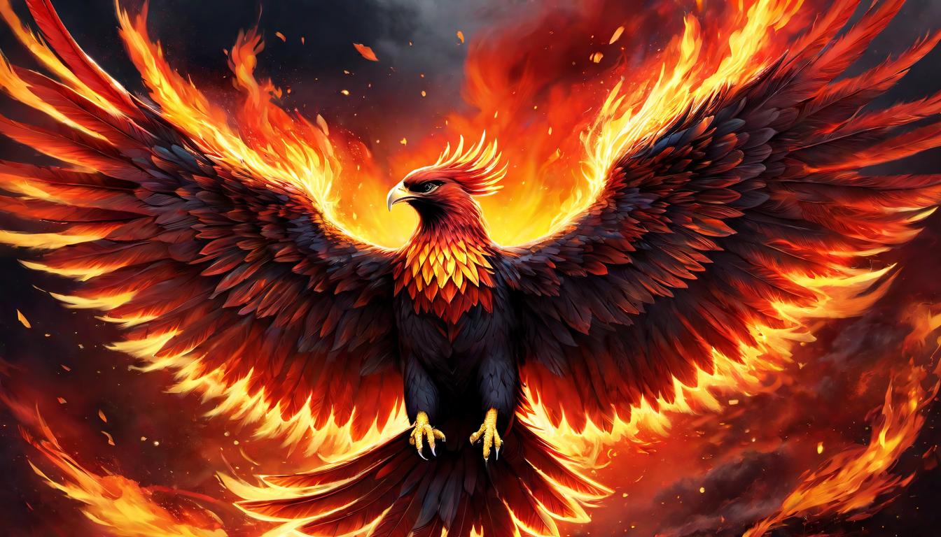  digital illustration, Phoenix, wings outstretched, surrounded by flames, intense light, rebirth, new dawn, looking at viewer, dynamic pose, (intricate details, masterpiece, best quality)