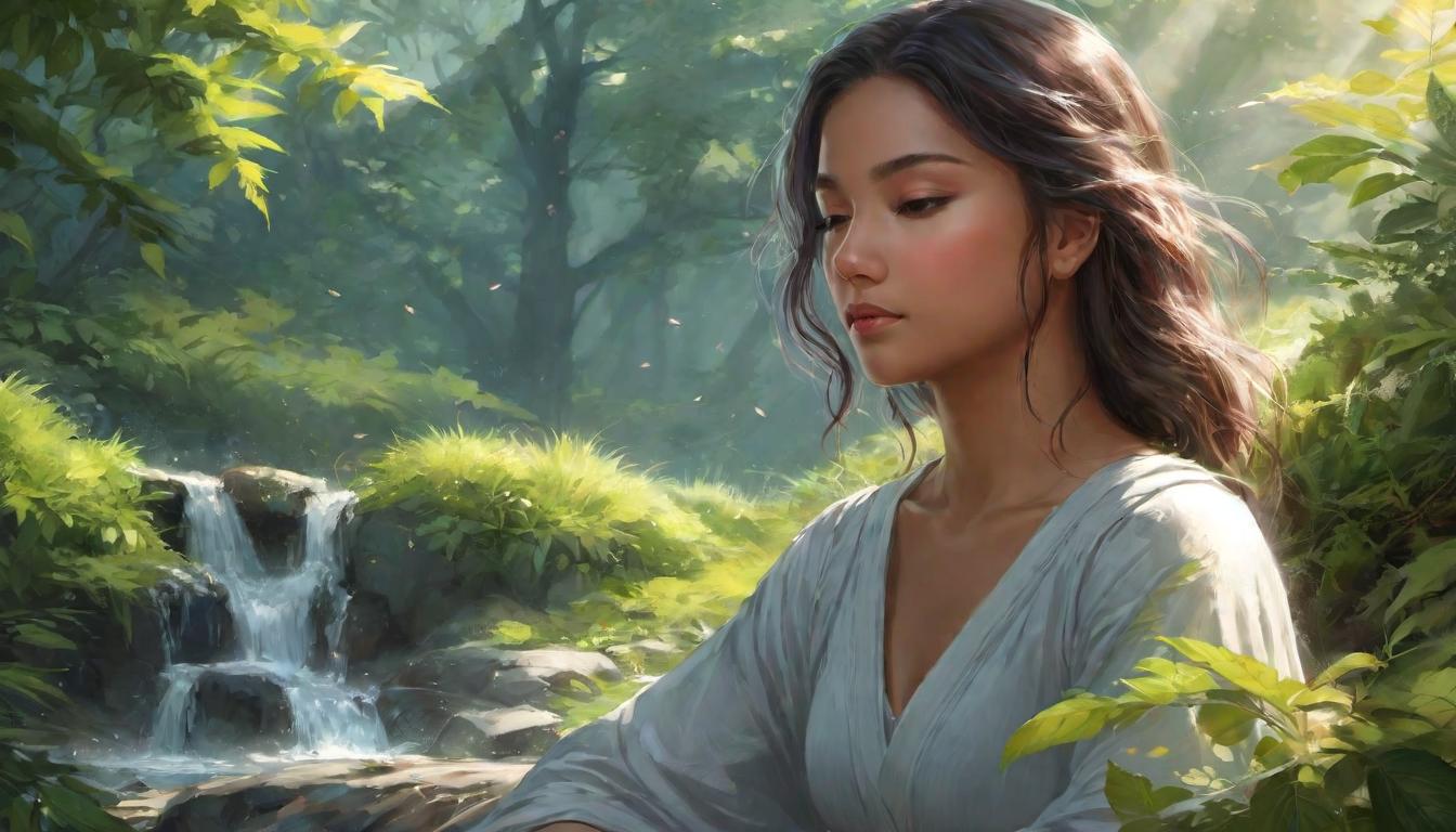  digital illustration, Figure seated in a serene meditative posture, gentle light illuminating from within, serene face, eyes closed in calm focus, surrounded by peaceful natural elements, soothing, centered, looking at viewer, dynamic pose, (intricate details, masterpiece, best quality)