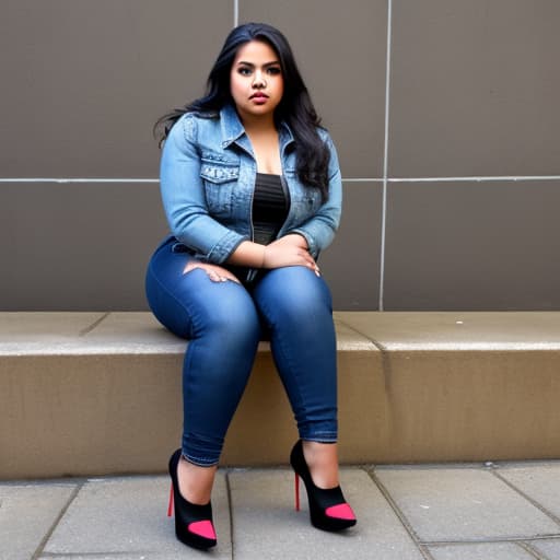   and curvy Honduran with gles, sitting and wearing a denim jacket, black tight , and high heels