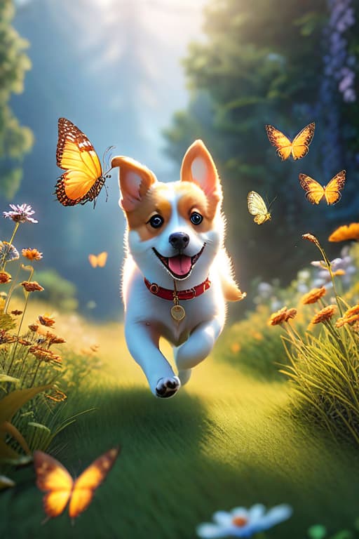  A happy puppy chasing butterflies hyperrealistic, full body, detailed clothing, highly detailed, cinematic lighting, stunningly beautiful, intricate, sharp focus, f/1. 8, 85mm, (centered image composition), (professionally color graded), ((bright soft diffused light)), volumetric fog, trending on instagram, trending on tumblr, HDR 4K, 8K