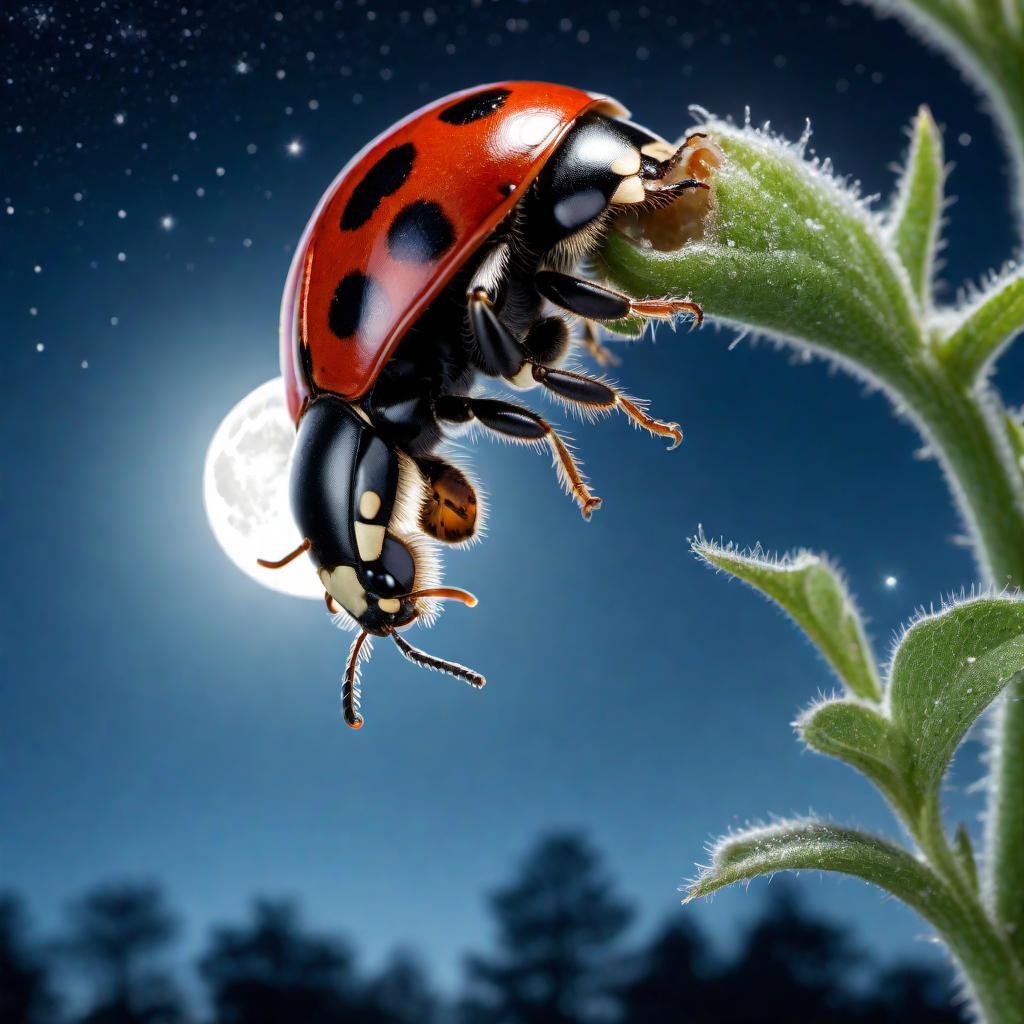  A worm's-eye view looking up at a close-up of a ladybug flying against a blue night sky with a full moon in view. The image captures the underside of the ladybug's wings illuminated by the moonlight, with stars twinkling in the background. The composition should evoke a sense of wonder and the beauty of nature at night. hyperrealistic, full body, detailed clothing, highly detailed, cinematic lighting, stunningly beautiful, intricate, sharp focus, f/1. 8, 85mm, (centered image composition), (professionally color graded), ((bright soft diffused light)), volumetric fog, trending on instagram, trending on tumblr, HDR 4K, 8K