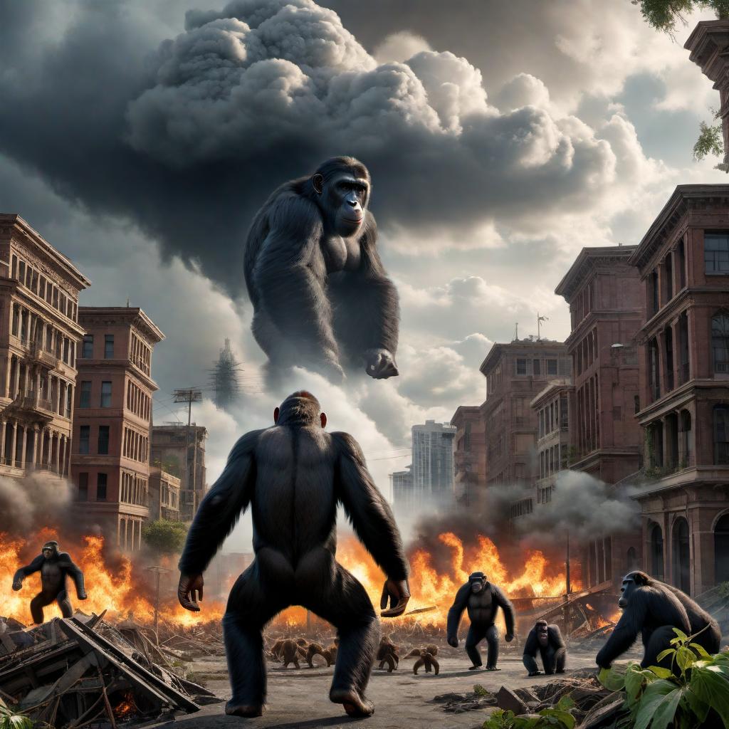  A realistic 3D scene depicting a dramatic uprising of apes taking over the world. The setting includes a modern city in chaos, with buildings being overtaken by nature and vines, and the sky filled with storm clouds. The apes are highly intelligent, using tools and weapons, and are organized in their revolt. Some apes are swinging from building to building, while others are on the ground, engaging in conflict with humans. The imagery includes intense expressions of determination on the apes' faces, fires burning, and the humans appearing overwhelmed and desperate. The overall atmosphere is tense, chaotic, and evokes a sense of impending domination and transformation of the world. hyperrealistic, full body, detailed clothing, highly detailed, cinematic lighting, stunningly beautiful, intricate, sharp focus, f/1. 8, 85mm, (centered image composition), (professionally color graded), ((bright soft diffused light)), volumetric fog, trending on instagram, trending on tumblr, HDR 4K, 8K