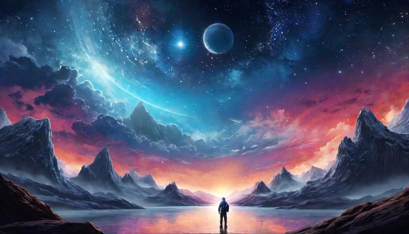  digital illustration, A grand stage under a cosmic sky, a figure standing in the center, performing acts of creation, radiant, divine, theatrical, looking at viewer, dynamic pose, (intricate details, masterpiece, best quality)