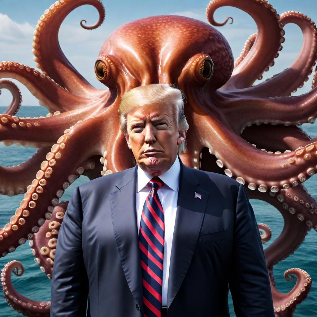  The face of Donald Trump on an octopus. The octopus should have a body with tentacles, and the face of Donald Trump should be integrated in a somewhat humorous and surreal manner. Keep the background simple to emphasize the unique creature. hyperrealistic, full body, detailed clothing, highly detailed, cinematic lighting, stunningly beautiful, intricate, sharp focus, f/1. 8, 85mm, (centered image composition), (professionally color graded), ((bright soft diffused light)), volumetric fog, trending on instagram, trending on tumblr, HDR 4K, 8K