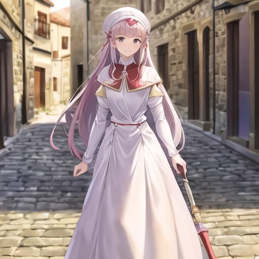  master piece , best quality,Light purple semi long hair, white dress, red balled walking stick, medieval town, gentle smile