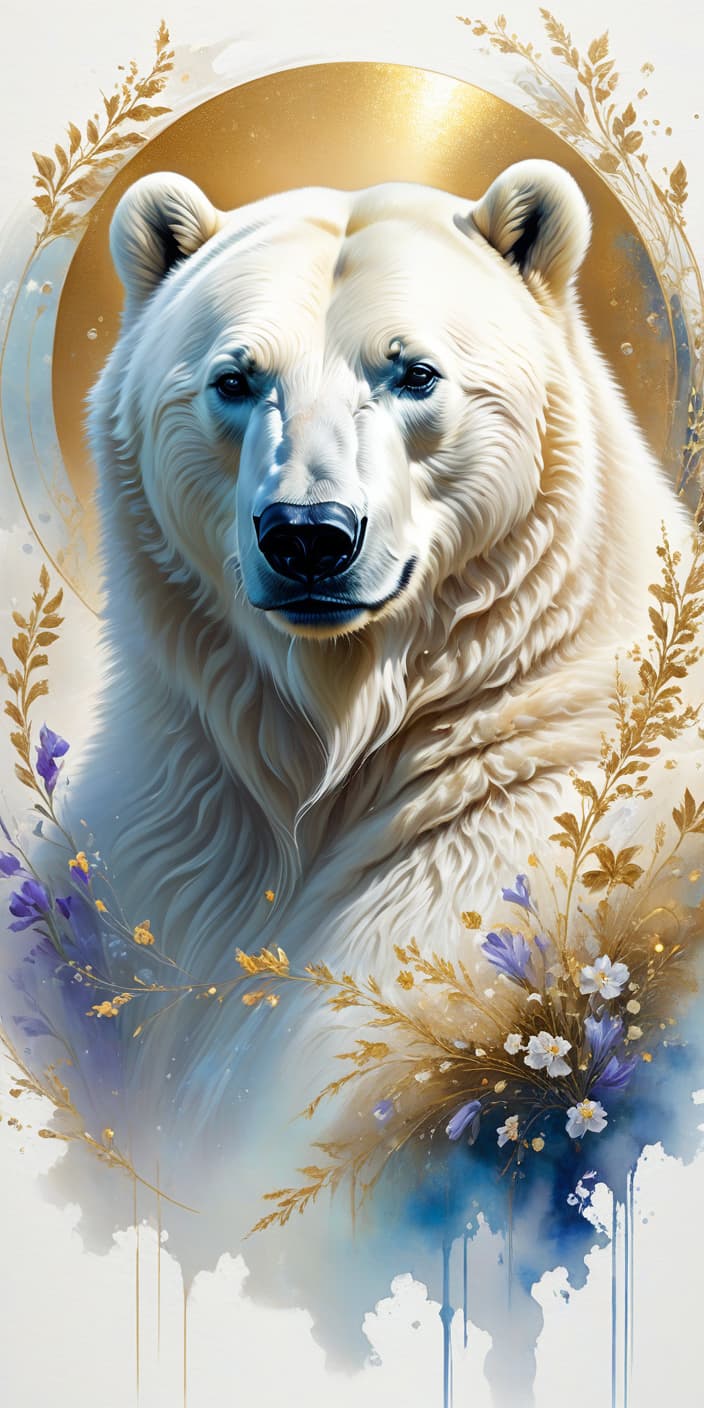  concept art Digital illustration in ink and watercolor on vellum. Gorgeous correct, realistic polar bear. Beautiful, majestic, mystical, epic appearance:: detailed white fur. Background:: surreal abstract with runic circle, thin vines, irises flowers, fantastic golden blossoms. Glowing signs and sparkling particles. Detailed detailing. Stylistics: fairy tale, dream, fantasy, modern. In the manner of Pino Daeni, Fragonard, Van Gogh. High quality,. . digital artwork, illustrative, painterly, matte painting, highly detailed hyperrealistic, full body, detailed clothing, highly detailed, cinematic lighting, stunningly beautiful, intricate, sharp focus, f/1. 8, 85mm, (centered image composition), (professionally color graded), ((bright soft diffused light)), volumetric fog, trending on instagram, trending on tumblr, HDR 4K, 8K