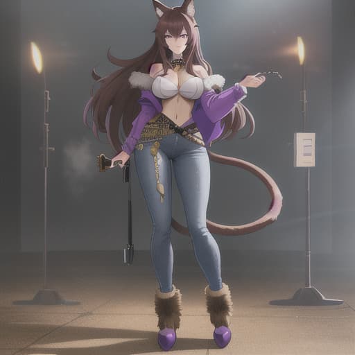  Cat girl, purple eyes, brown hair, fluffy tail, in a jean outfit, Drug Trafficker, with weapons hyperrealistic, full body, detailed clothing, highly detailed, cinematic lighting, stunningly beautiful, intricate, sharp focus, f/1. 8, 85mm, (centered image composition), (professionally color graded), ((bright soft diffused light)), volumetric fog, trending on instagram, trending on tumblr, HDR 4K, 8K