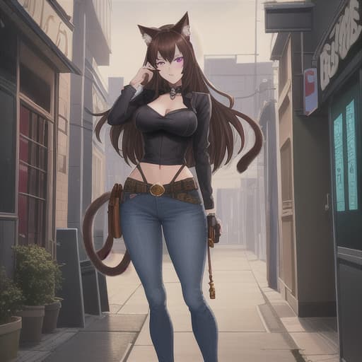  Cat girl, purple eyes, brown hair, fluffy tail, in a jean outfit, Drug Trafficker, with weapons hyperrealistic, full body, detailed clothing, highly detailed, cinematic lighting, stunningly beautiful, intricate, sharp focus, f/1. 8, 85mm, (centered image composition), (professionally color graded), ((bright soft diffused light)), volumetric fog, trending on instagram, trending on tumblr, HDR 4K, 8K