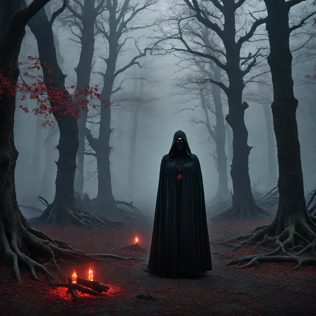  A dark and eerie depiction of evil spirits. Imagine shadowy, ghost-like figures with glowing red or green eyes, floating menacingly in a foggy, desolate landscape. The background should be ominous with twisted trees, and the atmosphere should feel chilling and malevolent. hyperrealistic, full body, detailed clothing, highly detailed, cinematic lighting, stunningly beautiful, intricate, sharp focus, f/1. 8, 85mm, (centered image composition), (professionally color graded), ((bright soft diffused light)), volumetric fog, trending on instagram, trending on tumblr, HDR 4K, 8K