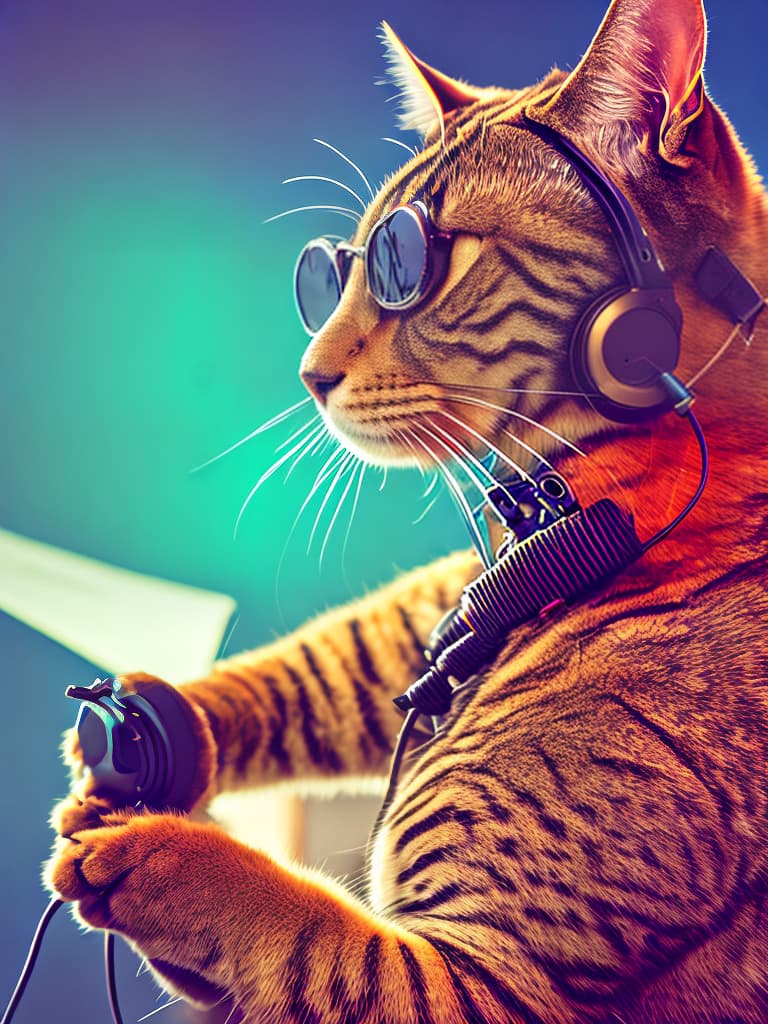 nvinkpunk Realistic image of a cat wearing headphones and reading glasses while riding a bus., fantasy hyperrealistic, full body, detailed clothing, highly detailed, cinematic lighting, stunningly beautiful, intricate, sharp focus, f/1. 8, 85mm, (centered image composition), (professionally color graded), ((bright soft diffused light)), volumetric fog, trending on instagram, trending on tumblr, HDR 4K, 8K