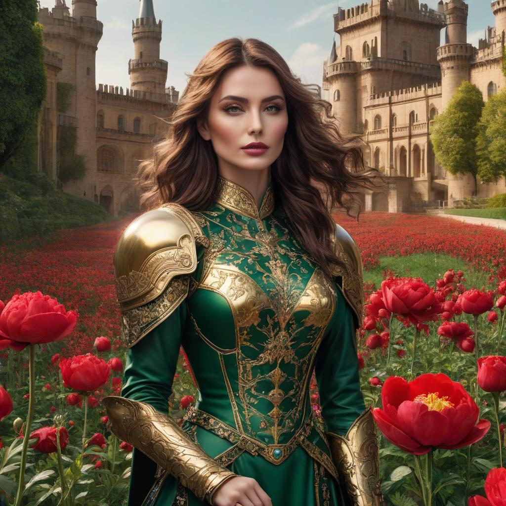  The with the brown hair. Тhe dress, the purse, the brown eyes. , red lips. A in armor. Armor below the . High detailing and treatment of the face and other parts of the body Fire. The rigor of the lines. Power. The sword gives off electric shocks. Highly detailed, highly detailed, highly detailed image and all details. ((Sparkling rim)): spring field, hyacinths, roses, rosehips, rose hips, peonies, cherry tree, yellow, red, black flowers, forget me nots. Nature in the background, spring, delight. Luxury, richness. High quality. Swarovski, pandora. The Emerald Palace, the towers. Holobue sky. Golden spires, Gothic style. Fantasy, fairy tale. Poppy field in front of palace. Emerald stones, Green Alley.Luxury, wealth. sp hyperrealistic, full body, detailed clothing, highly detailed, cinematic lighting, stunningly beautiful, intricate, sharp focus, f/1. 8, 85mm, (centered image composition), (professionally color graded), ((bright soft diffused light)), volumetric fog, trending on instagram, trending on tumblr, HDR 4K, 8K