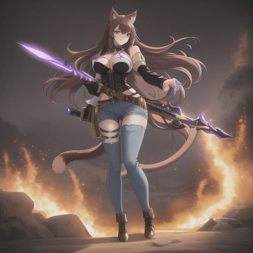  Cat girl, purple eyes, brown hair, fluffy tail, in a jean outfit, narcotics, with weapons hyperrealistic, full body, detailed clothing, highly detailed, cinematic lighting, stunningly beautiful, intricate, sharp focus, f/1. 8, 85mm, (centered image composition), (professionally color graded), ((bright soft diffused light)), volumetric fog, trending on instagram, trending on tumblr, HDR 4K, 8K