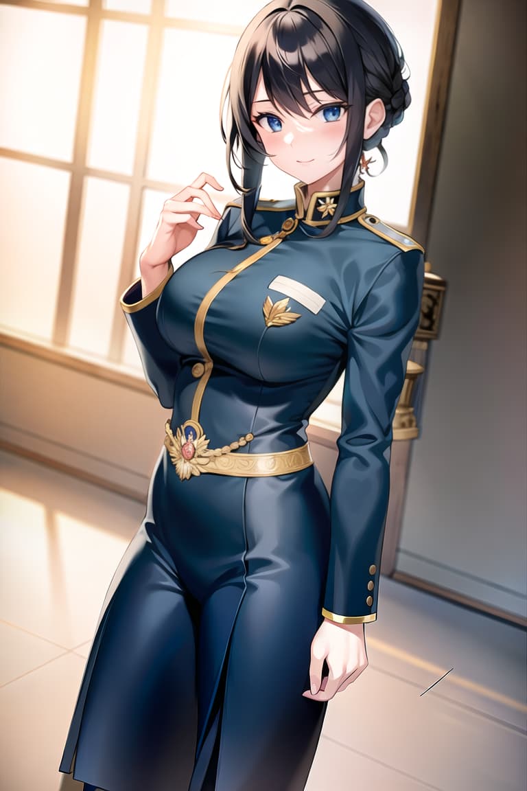  master piece , best quality,　High quality, in uniform, big s, black hair, light blue eyes, showing