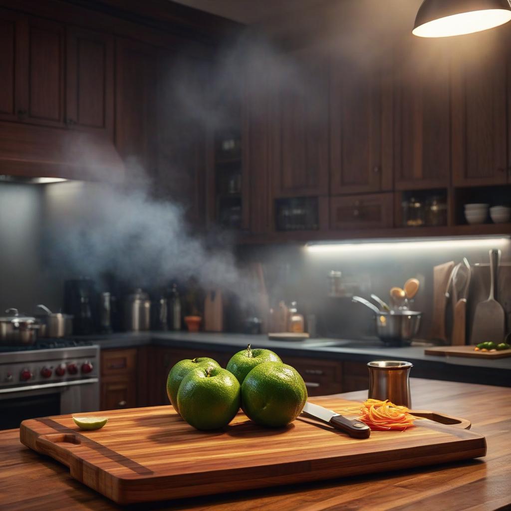  Cover: Cutting Boards in the Kitchen hyperrealistic, full body, detailed clothing, highly detailed, cinematic lighting, stunningly beautiful, intricate, sharp focus, f/1. 8, 85mm, (centered image composition), (professionally color graded), ((bright soft diffused light)), volumetric fog, trending on instagram, trending on tumblr, HDR 4K, 8K