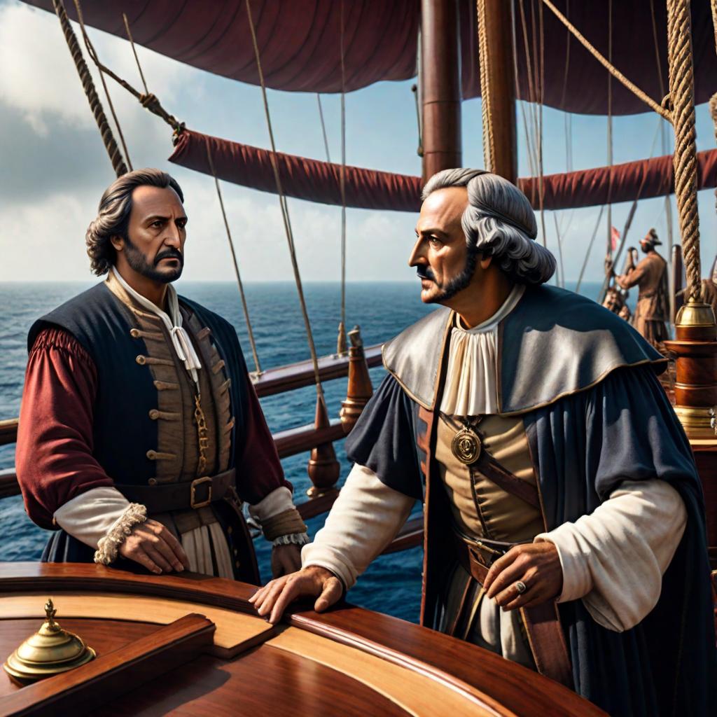  While Christopher Columbus is sailing towards America, he is chatting with Celal Şengör on the ship. hyperrealistic, full body, detailed clothing, highly detailed, cinematic lighting, stunningly beautiful, intricate, sharp focus, f/1. 8, 85mm, (centered image composition), (professionally color graded), ((bright soft diffused light)), volumetric fog, trending on instagram, trending on tumblr, HDR 4K, 8K