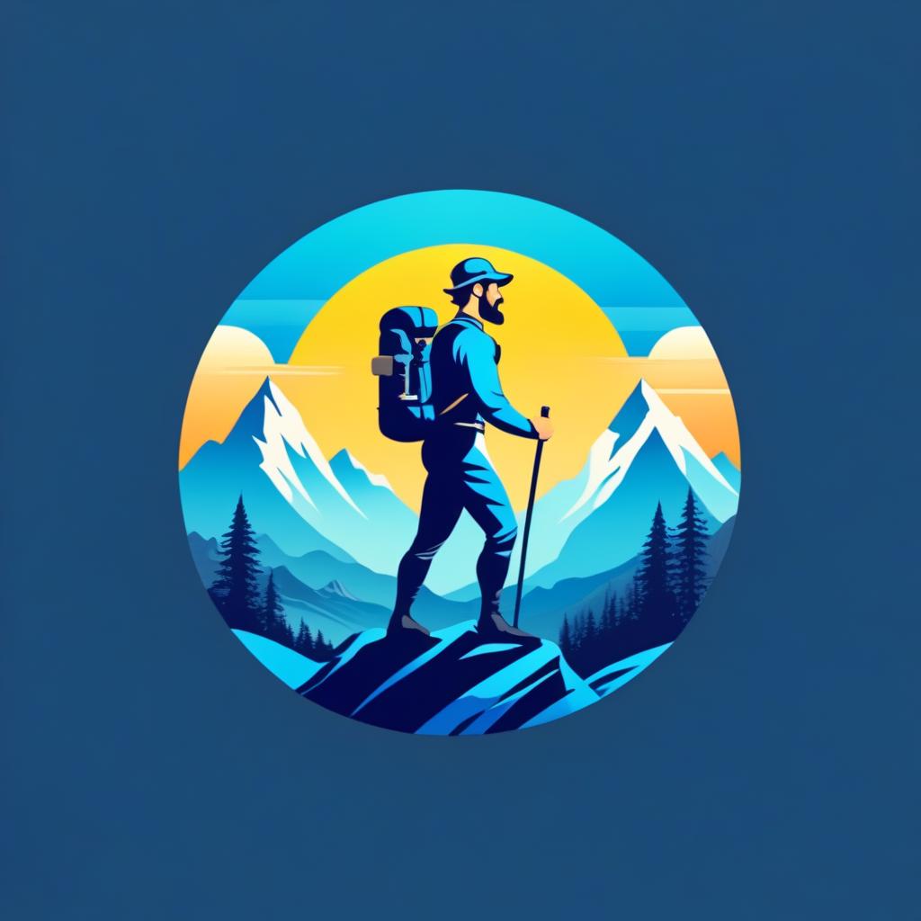  Logo, (surrealism style), Hiker man hiked in the mountains at „blue sunrise“