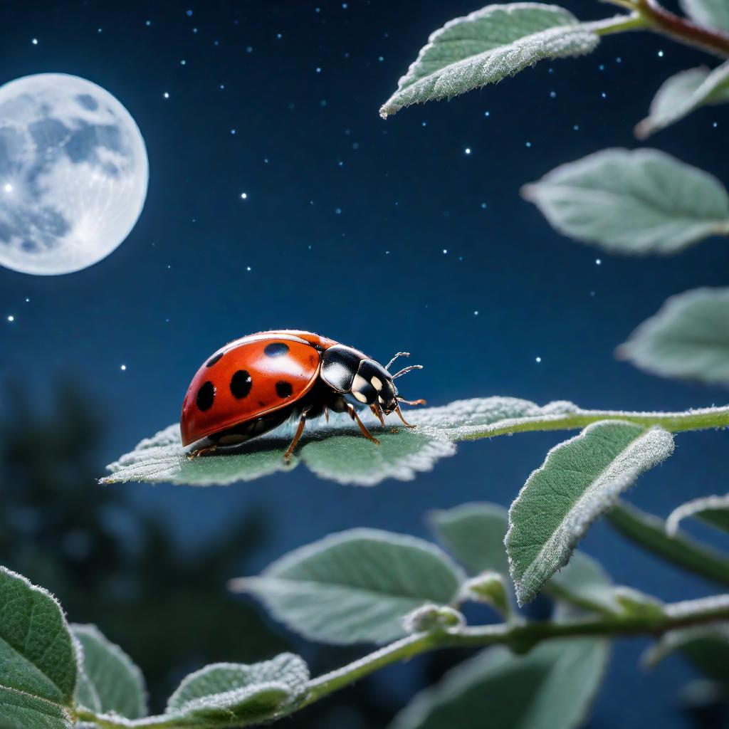  A worm's-eye view looking up at a close-up of a ladybug flying against a blue night sky with a full moon in view. The image captures the underside of the ladybug's wings illuminated by the moonlight, with stars twinkling in the background. The composition should evoke a sense of wonder and the beauty of nature at night. hyperrealistic, full body, detailed clothing, highly detailed, cinematic lighting, stunningly beautiful, intricate, sharp focus, f/1. 8, 85mm, (centered image composition), (professionally color graded), ((bright soft diffused light)), volumetric fog, trending on instagram, trending on tumblr, HDR 4K, 8K