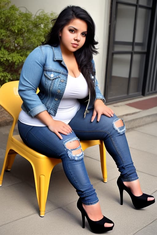   and curvy Honduran with gles, sitting and wearing a denim jacket, black , and high heels