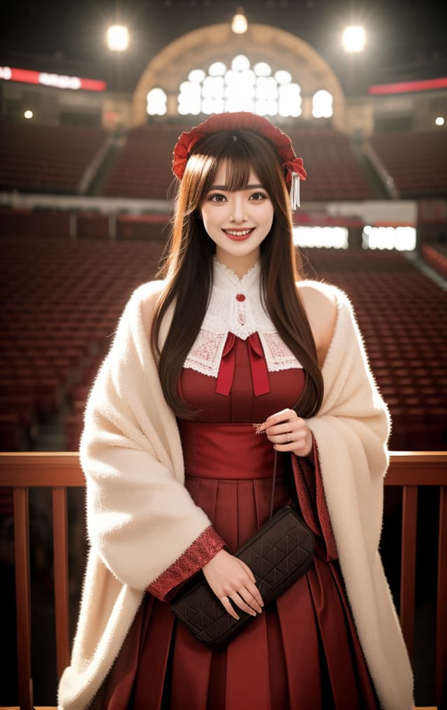  (RAW capture: 1.2), 32K quality, Masterpiece, Raw image, Dramatic lighting, Concert venue, Gothic Lolita fashion, (Photorealistic: 1.4), (Masterpiece: 1.3), (Top quality: 1.4), Beautiful, lovely Japanese woman, (Kanna Hashimoto) (((Big smile))) hyperrealistic, full body, detailed clothing, highly detailed, cinematic lighting, stunningly beautiful, intricate, sharp focus, f/1. 8, 85mm, (centered image composition), (professionally color graded), ((bright soft diffused light)), volumetric fog, trending on instagram, trending on tumblr, HDR 4K, 8K