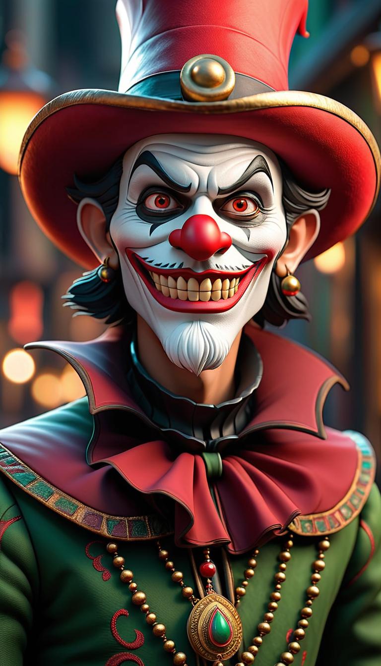  Professional 3D model of a sinister jester in a dark carnival. Dark, mysterious, scary, haunting, dramatic, ornate, detailed. . Rendered with Octane, the model is highly detailed,dramatic lighting. hyperrealistic, full body, detailed clothing, highly detailed, cinematic lighting, stunningly beautiful, intricate, sharp focus, f/1. 8, 85mm, (centered image composition), (professionally color graded), ((bright soft diffused light)), volumetric fog, trending on instagram, trending on tumblr, HDR 4K, 8K