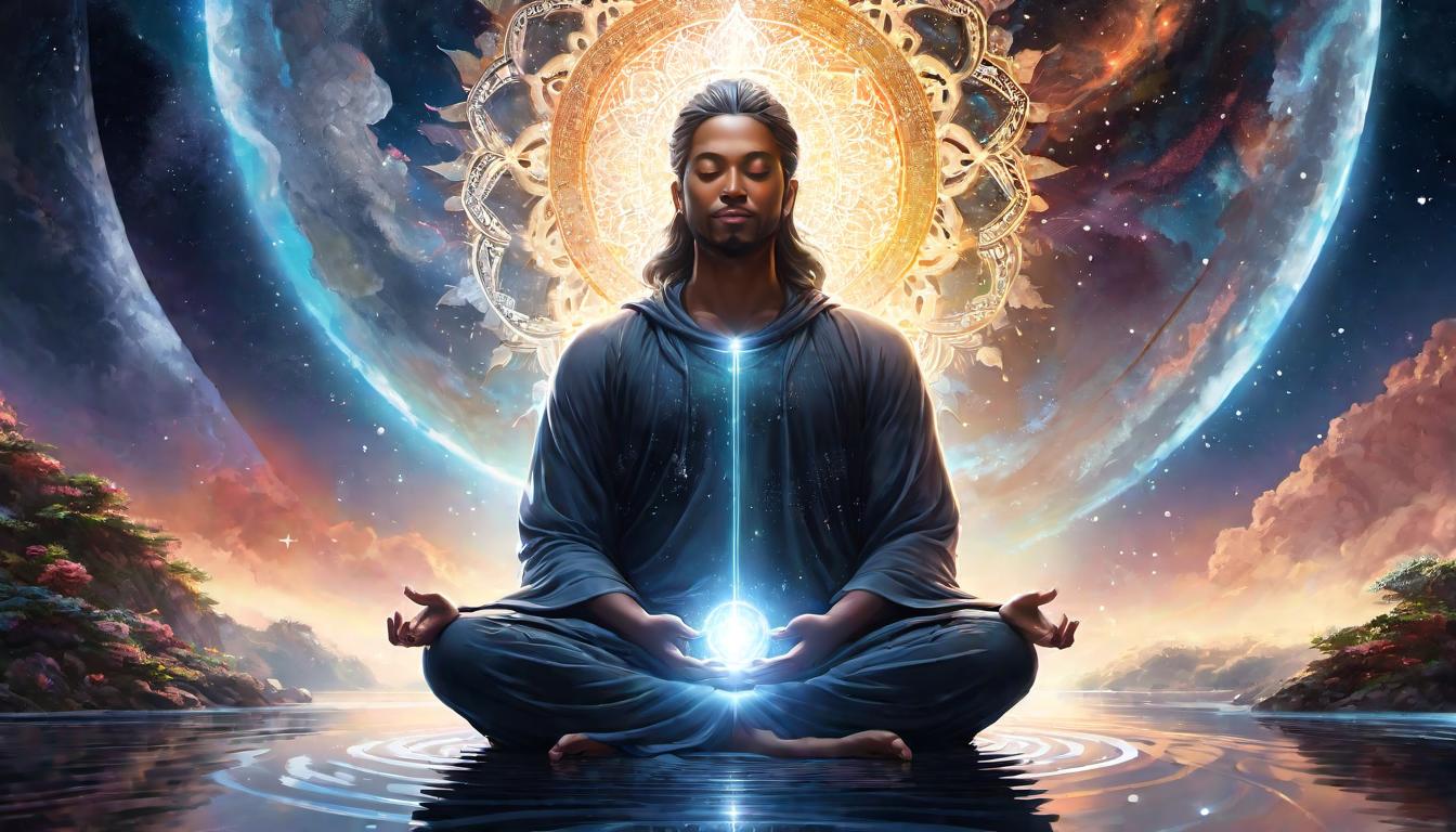  digital illustration, A person in deep meditation, cosmic energies swirling around, seated in lotus position, halo of light around the head, deeply connected, elevated, looking at viewer, dynamic pose, (intricate details, masterpiece, best quality)