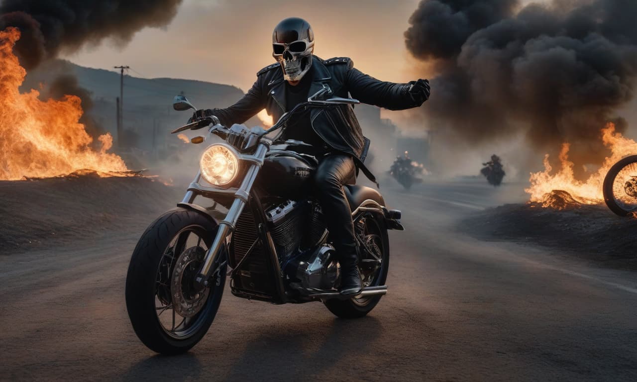  Marvel's Ghost Rider shouts on a burning motorcycle rides at night shouts against the backdrop of sunset. hyperrealistic, full body, detailed clothing, highly detailed, cinematic lighting, stunningly beautiful, intricate, sharp focus, f/1. 8, 85mm, (centered image composition), (professionally color graded), ((bright soft diffused light)), volumetric fog, trending on instagram, trending on tumblr, HDR 4K, 8K