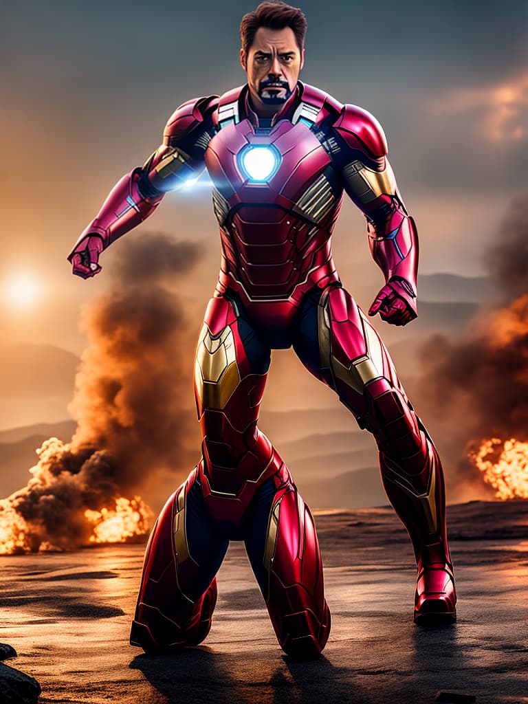  ironman tony stark in cinematic poster hyperrealistic, full body, detailed clothing, highly detailed, cinematic lighting, stunningly beautiful, intricate, sharp focus, f/1. 8, 85mm, (centered image composition), (professionally color graded), ((bright soft diffused light)), volumetric fog, trending on instagram, trending on tumblr, HDR 4K, 8K