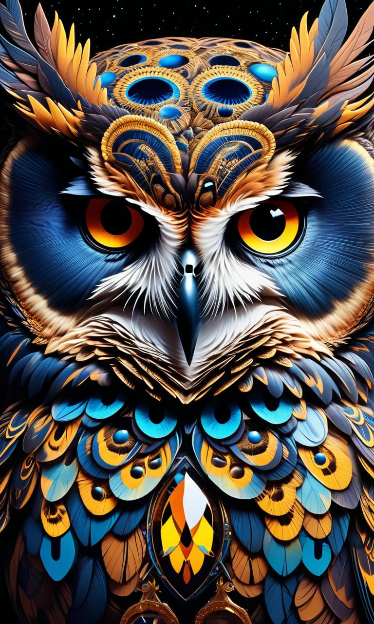  (psychedelic art, high detail, fantasy art: 1.3), close up of the mesmerizing face of an owl, brightly glowing eyes with spinning colors, stunning combination of black, blue and yellow hues, intricate patterns and patterns, space background with galaxies and stars, ethereal and a mystical atmosphere, otherworldly beauty, intricate celestial patterns, cosmic energy emanating from the eyes, a mesmerizing and captivating gaze, transcendental and surreal, a vibrant and dynamic composition, a close up that captures every intricate detail. hyperrealistic, full body, detailed clothing, highly detailed, cinematic lighting, stunningly beautiful, intricate, sharp focus, f/1. 8, 85mm, (centered image composition), (professionally color graded), ((bright soft diffused light)), volumetric fog, trending on instagram, trending on tumblr, HDR 4K, 8K