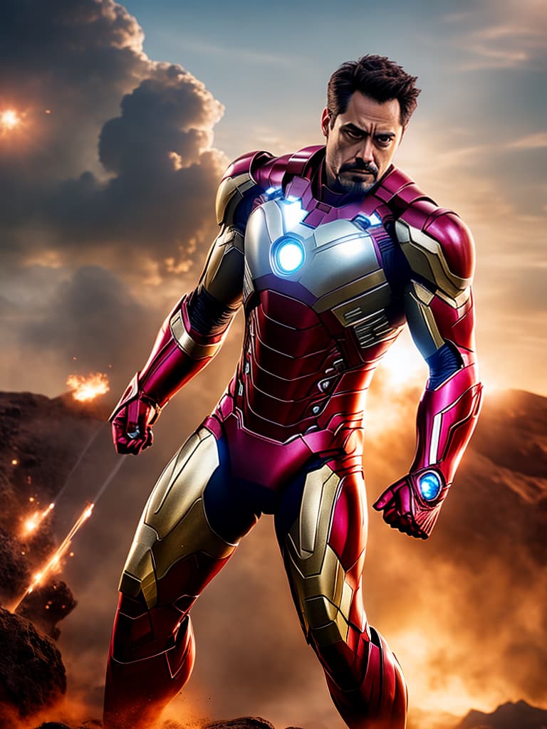  ironman tony stark in cinematic poster hyperrealistic, full body, detailed clothing, highly detailed, cinematic lighting, stunningly beautiful, intricate, sharp focus, f/1. 8, 85mm, (centered image composition), (professionally color graded), ((bright soft diffused light)), volumetric fog, trending on instagram, trending on tumblr, HDR 4K, 8K