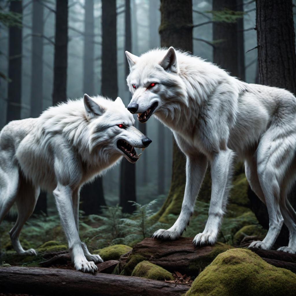  A fierce white werewolf tearing apart another wolf in a dark, eerie forest. The white werewolf should have glowing red eyes, sharp claws, and a menacing expression. The scene should be intense, with dark shadows and a full moon casting a ghostly light. hyperrealistic, full body, detailed clothing, highly detailed, cinematic lighting, stunningly beautiful, intricate, sharp focus, f/1. 8, 85mm, (centered image composition), (professionally color graded), ((bright soft diffused light)), volumetric fog, trending on instagram, trending on tumblr, HDR 4K, 8K