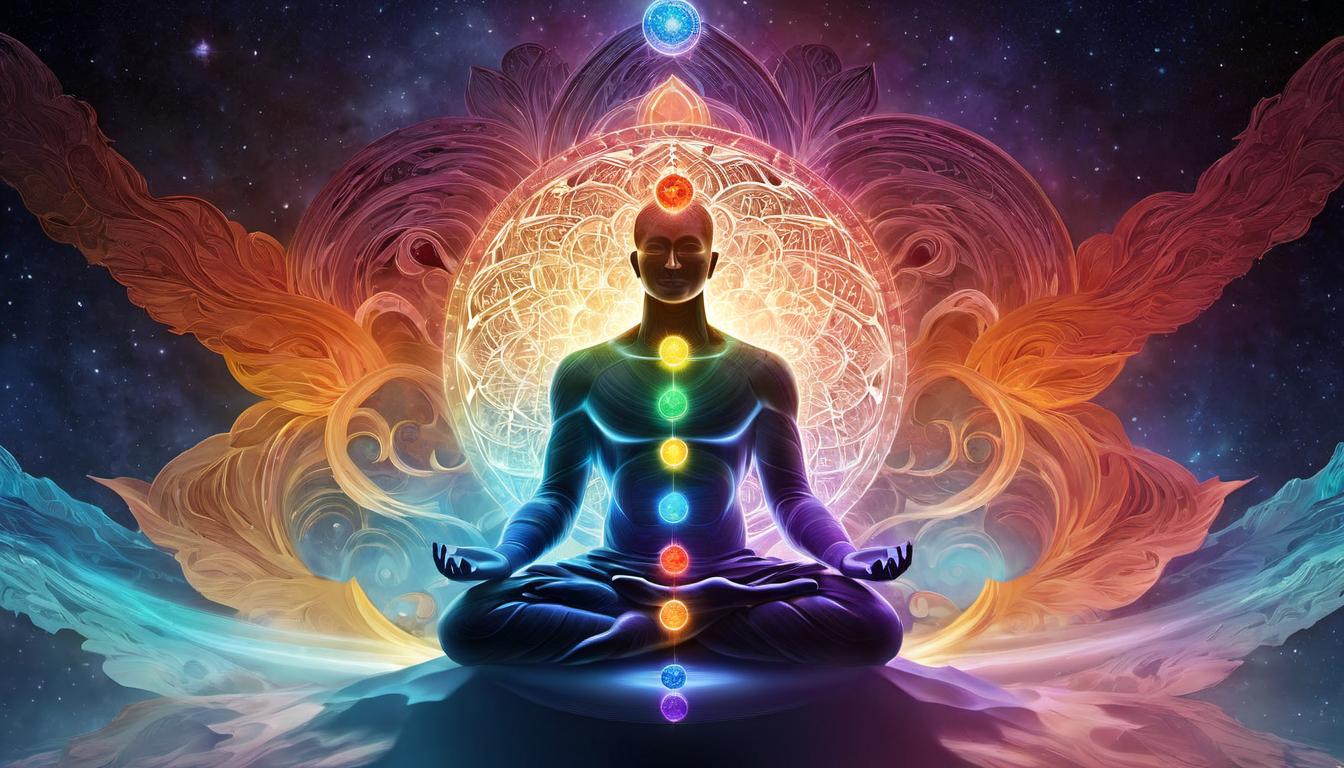  digital illustration aligned chakras, luminous orbs rising, human like figure in meditative pose, cosmic background, ascension, empowerment looking at viewer, dynamic pose, (intricate details, masterpiece, best quality)