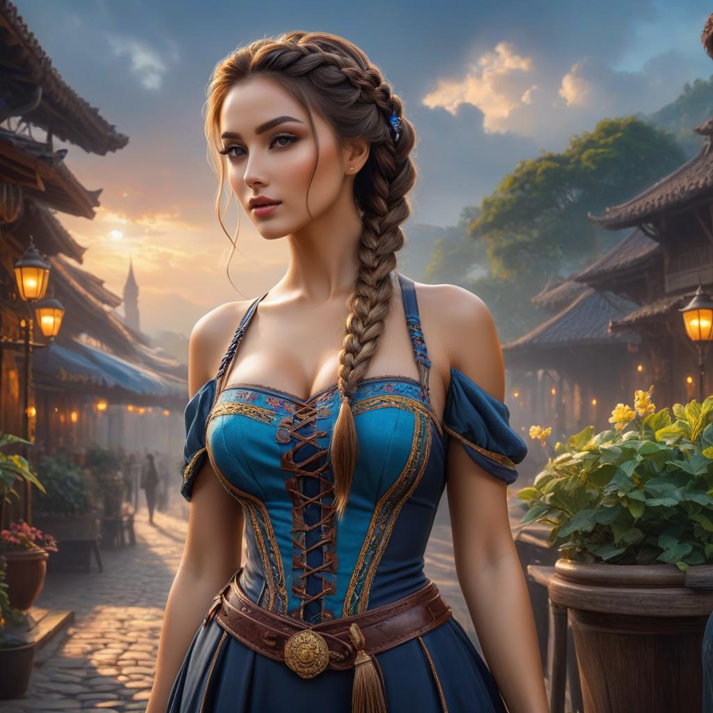  woman, braided hair, fantasy background, digital masterpiece, Razumov style and Garmash style hyperrealistic, full body, detailed clothing, highly detailed, cinematic lighting, stunningly beautiful, intricate, sharp focus, f/1. 8, 85mm, (centered image composition), (professionally color graded), ((bright soft diffused light)), volumetric fog, trending on instagram, trending on tumblr, HDR 4K, 8K