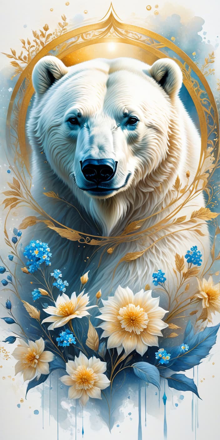  concept art Digital illustration in ink and watercolor on vellum. Gorgeous correct, realistic polar bear. Beautiful, majestic, mystical, epic appearance:: detailed white fur. Background:: surreal abstract with runic circle, thin vines, forget me not flowers, fantastic golden blossoms. Glowing signs and sparkling particles. Detailed detailing. Stylistics: fairy tale, dream, fantasy, modern. In the manner of Peter Papikhin, Fragonard and Van Gogh. High quality, HDR. . digital artwork, illustrative, painterly, matte painting, highly detailed hyperrealistic, full body, detailed clothing, highly detailed, cinematic lighting, stunningly beautiful, intricate, sharp focus, f/1. 8, 85mm, (centered image composition), (professionally color graded), ((bright soft diffused light)), volumetric fog, trending on instagram, trending on tumblr, HDR 4K, 8K