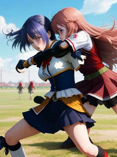  Anime girl fight ', masterpieces, top quality, best quality, official art, beautiful and aesthetic, realistic, 4K, 8K