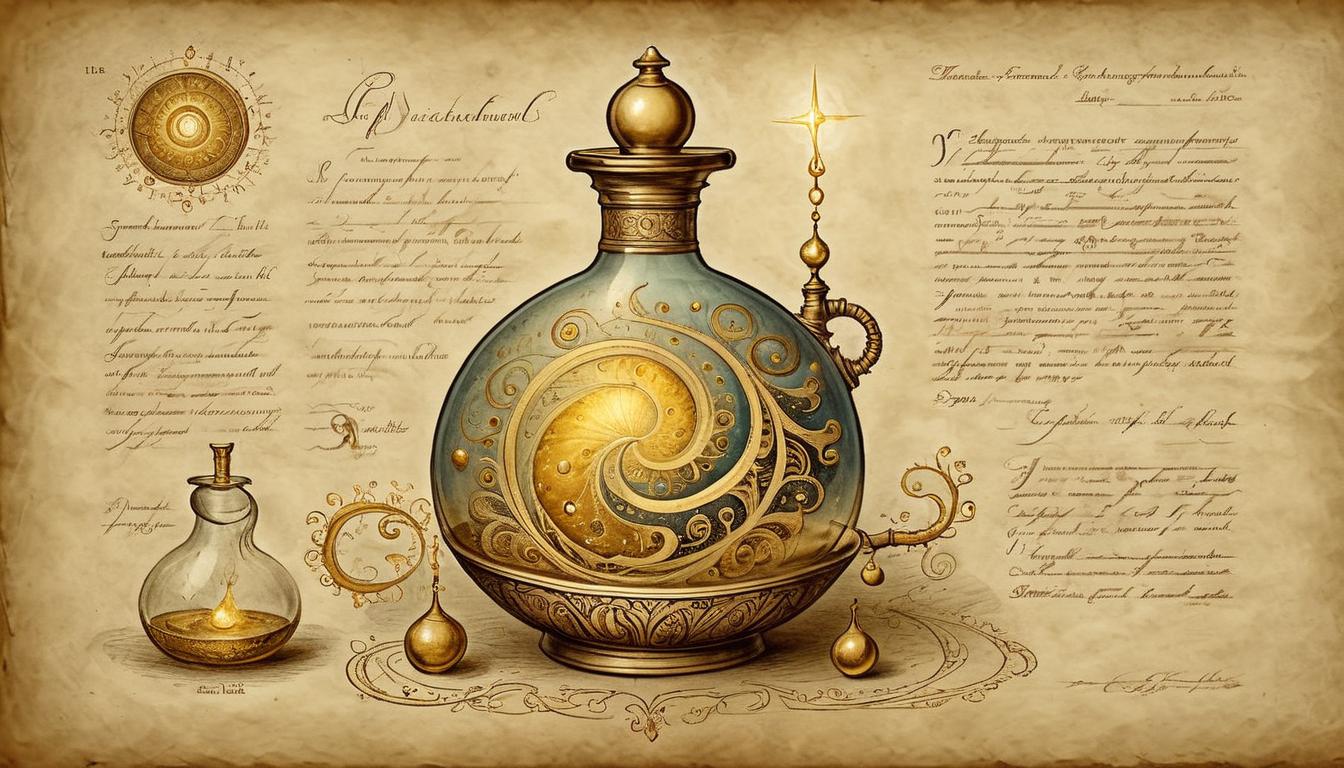  on parchment, surrealism+++, An alchemical flask containing swirling liquid gold, intricate patterns glowing, representation of endless potential and transformation(mysterious, provocative, symbolic,muted color)+++